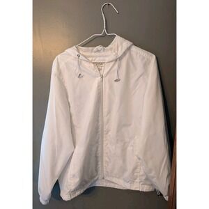 Norm Thompson Vintage Women's White Hooded Rain Jacket Petite Large Pockets Zips